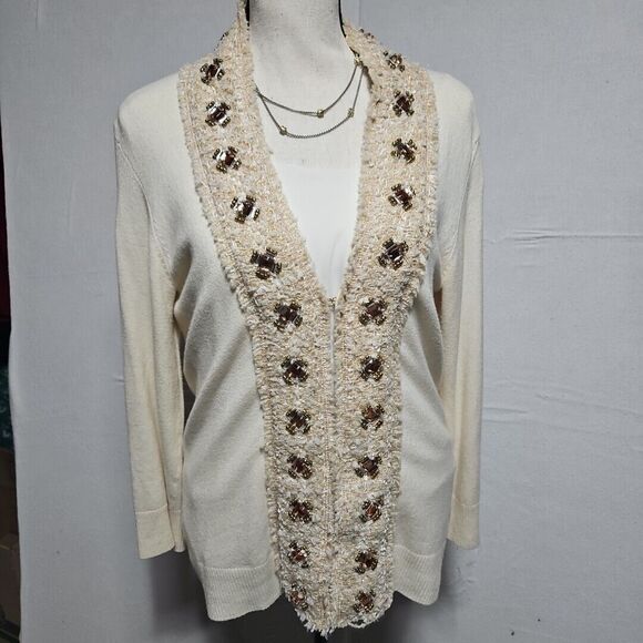 Boston Proper Cream Knit Embellished Cardigan With Beads, Size Med Eclectic Glam - Picture 1 of 10
